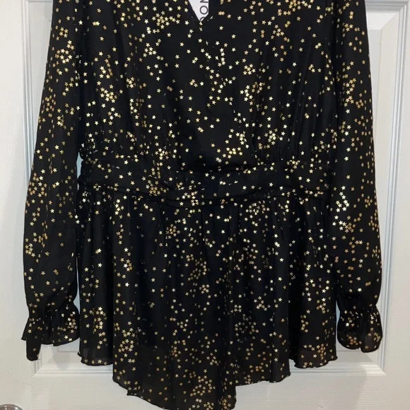 BloomChic Black Gold Metallic Star Peplum Blouse V Neck Long Sleeve Holiday Plus - Picture 2 of 5
